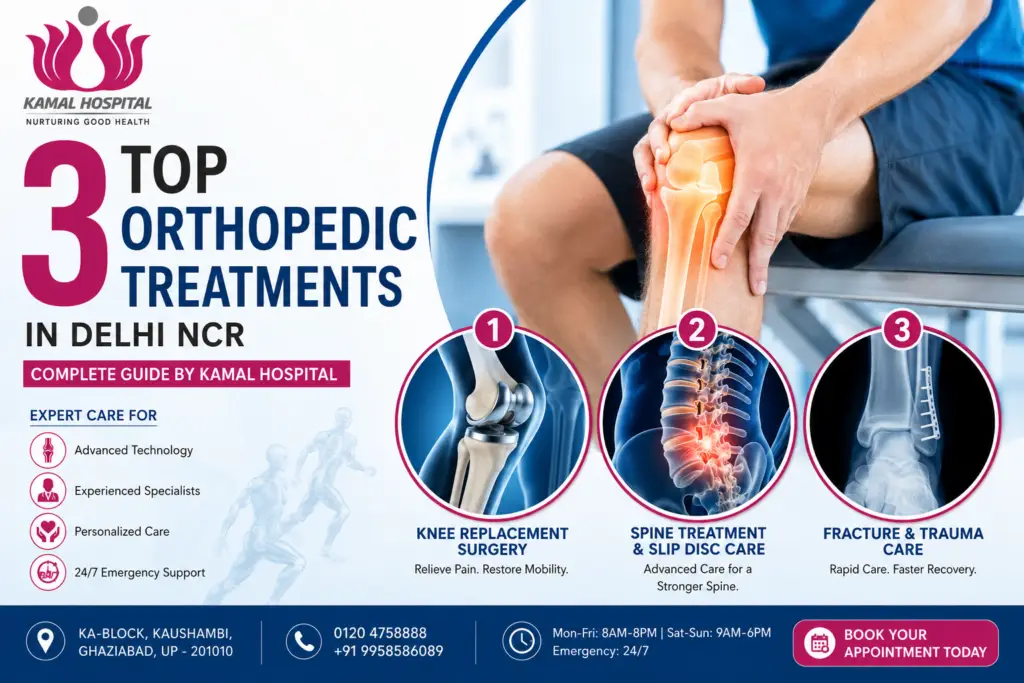 Top orthopedic treatments in Delhi NCR at Kamal Hospital including knee replacement surgery, spine treatment, slip disc care, fracture management, and trauma care.