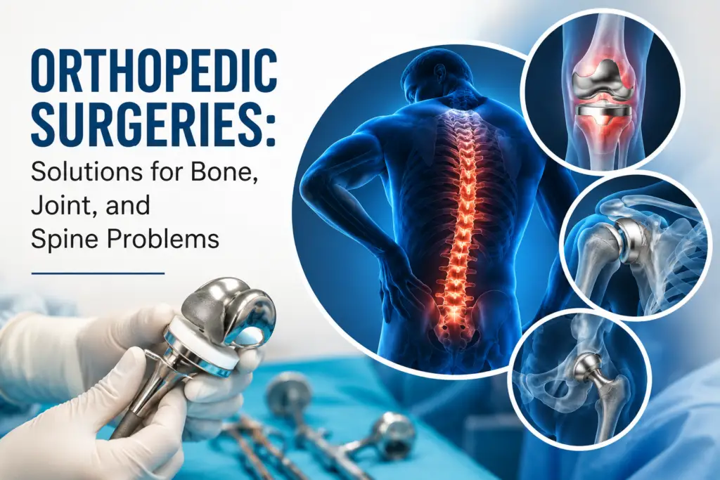 Orthopedic surgeries for bone, joint, and spine problems showing knee replacement, hip replacement, and spine treatment proceduresOrthopedic surgeries for bone, joint, and spine problems showing knee replacement, hip replacement, and spine treatment procedures