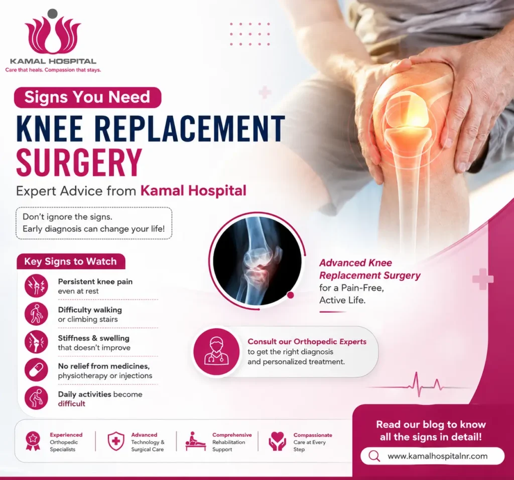 Signs you need knee replacement surgery with expert advice from Kamal Hospital, featuring knee pain symptoms, orthopedic care, and advanced knee replacement treatment in Ghaziabad.